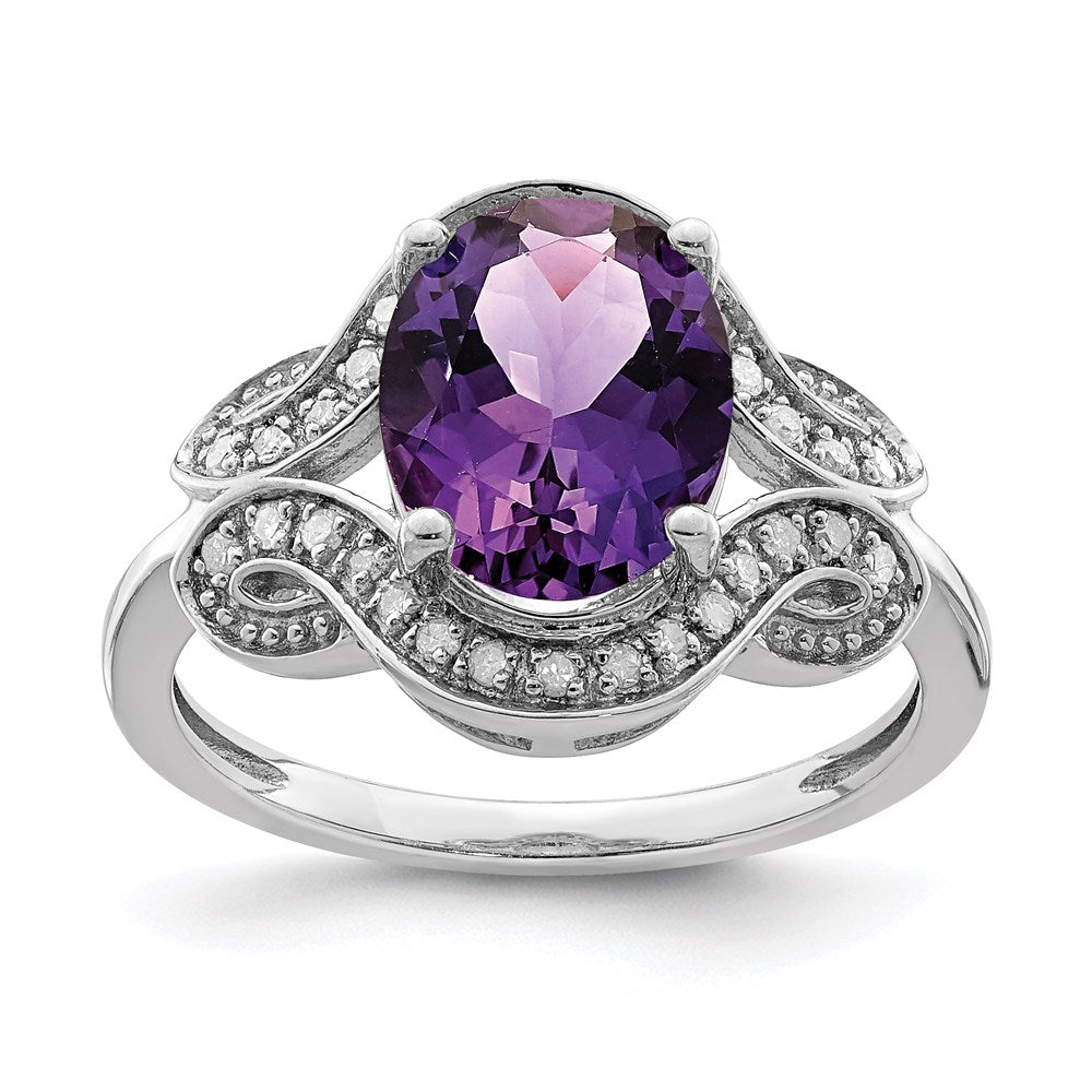 Sterling Silver Rhodium-plated Diamond & Amethyst Ring