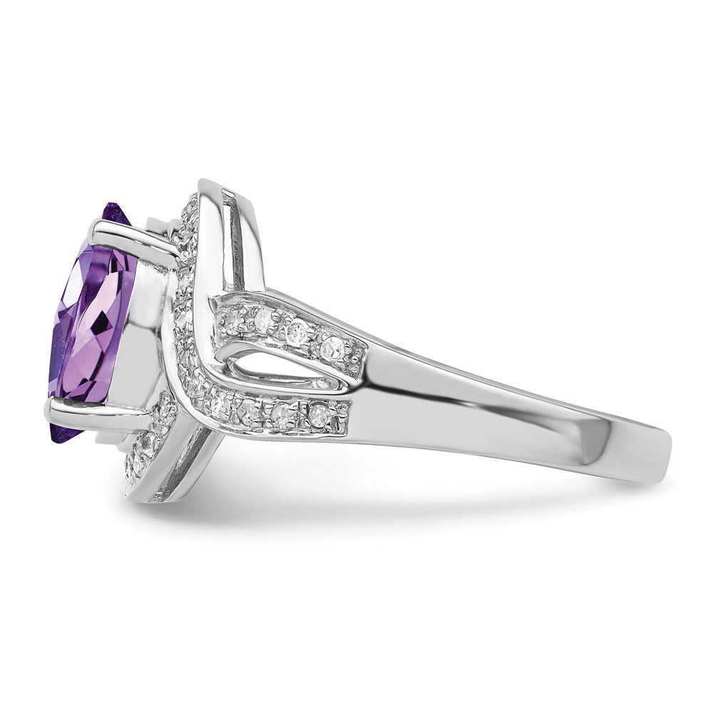 Sterling Silver Rhodium-plated Diamond & Checker-Cut Amethyst Ring