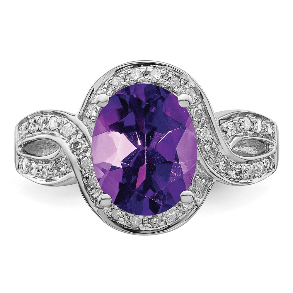 Sterling Silver Rhodium-plated Diamond & Checker-Cut Amethyst Ring