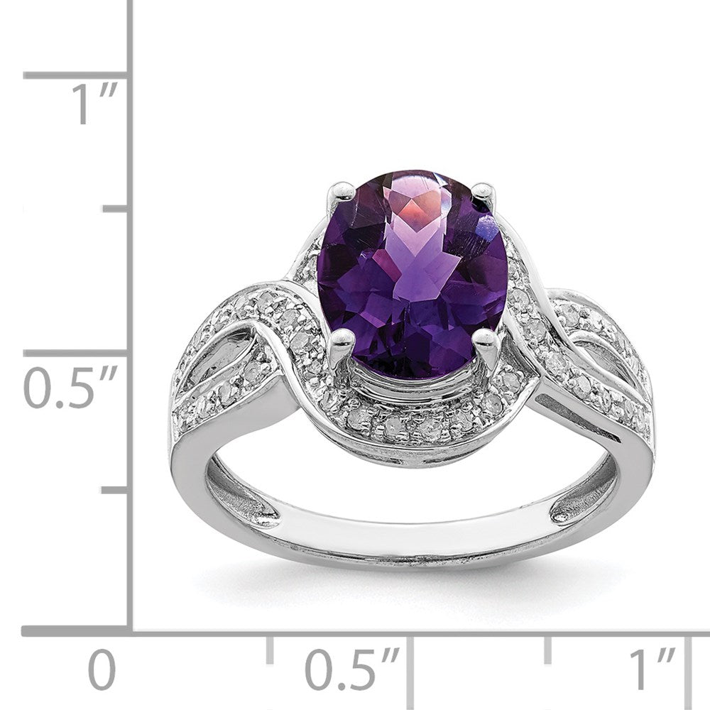 Sterling Silver Rhodium-plated Diamond & Checker-Cut Amethyst Ring