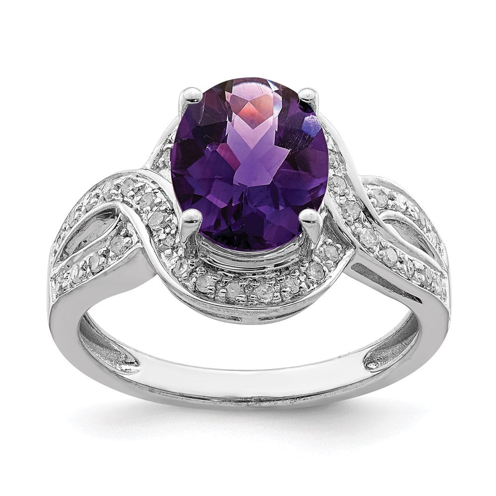 Sterling Silver Rhodium-plated Diamond & Checker-Cut Amethyst Ring