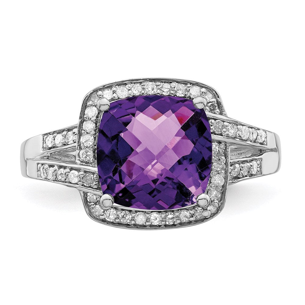 Sterling Silver Rhodium-plated Diamond & Checker-Cut Amethyst Ring