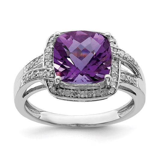 Sterling Silver Rhodium-plated Diamond & Checker-Cut Amethyst Ring