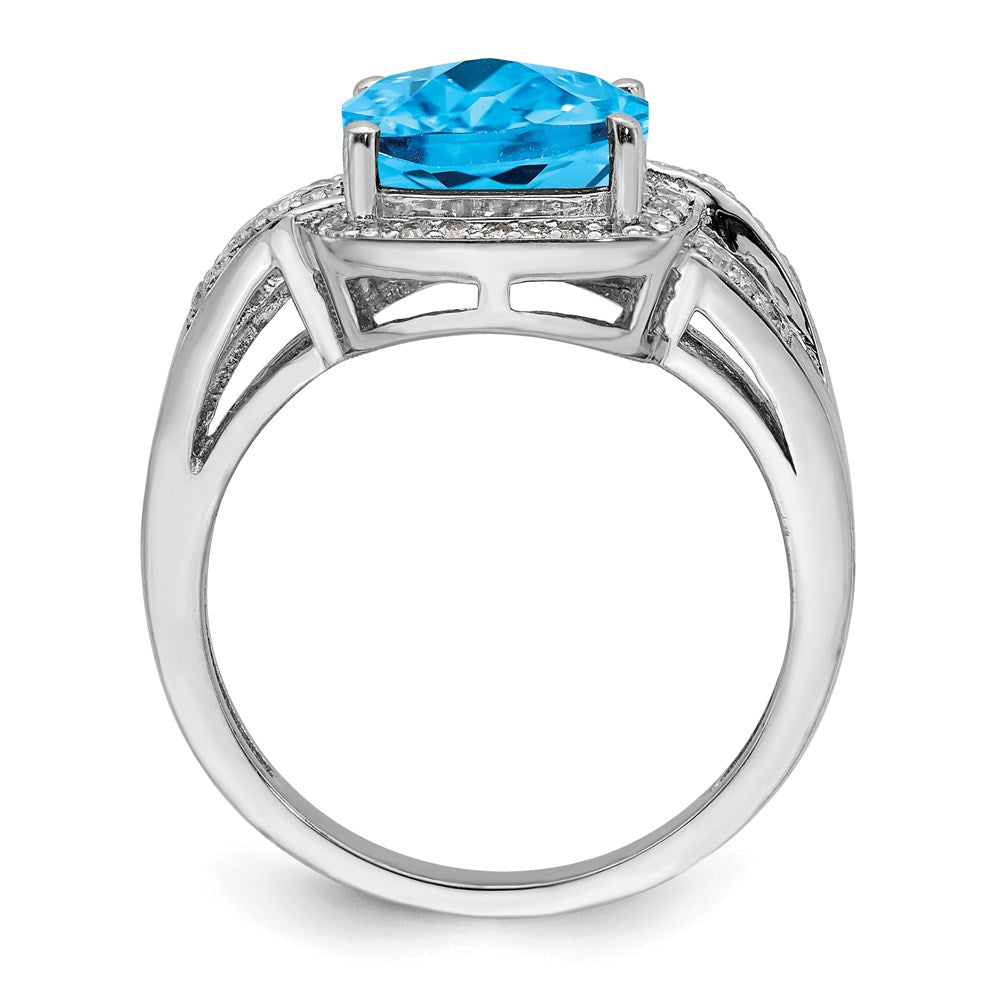 Sterling Silver Rhodium Diamond & Checker-Cut Blue Topaz Ring