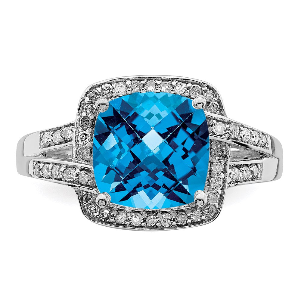 Sterling Silver Rhodium Diamond & Checker-Cut Blue Topaz Ring