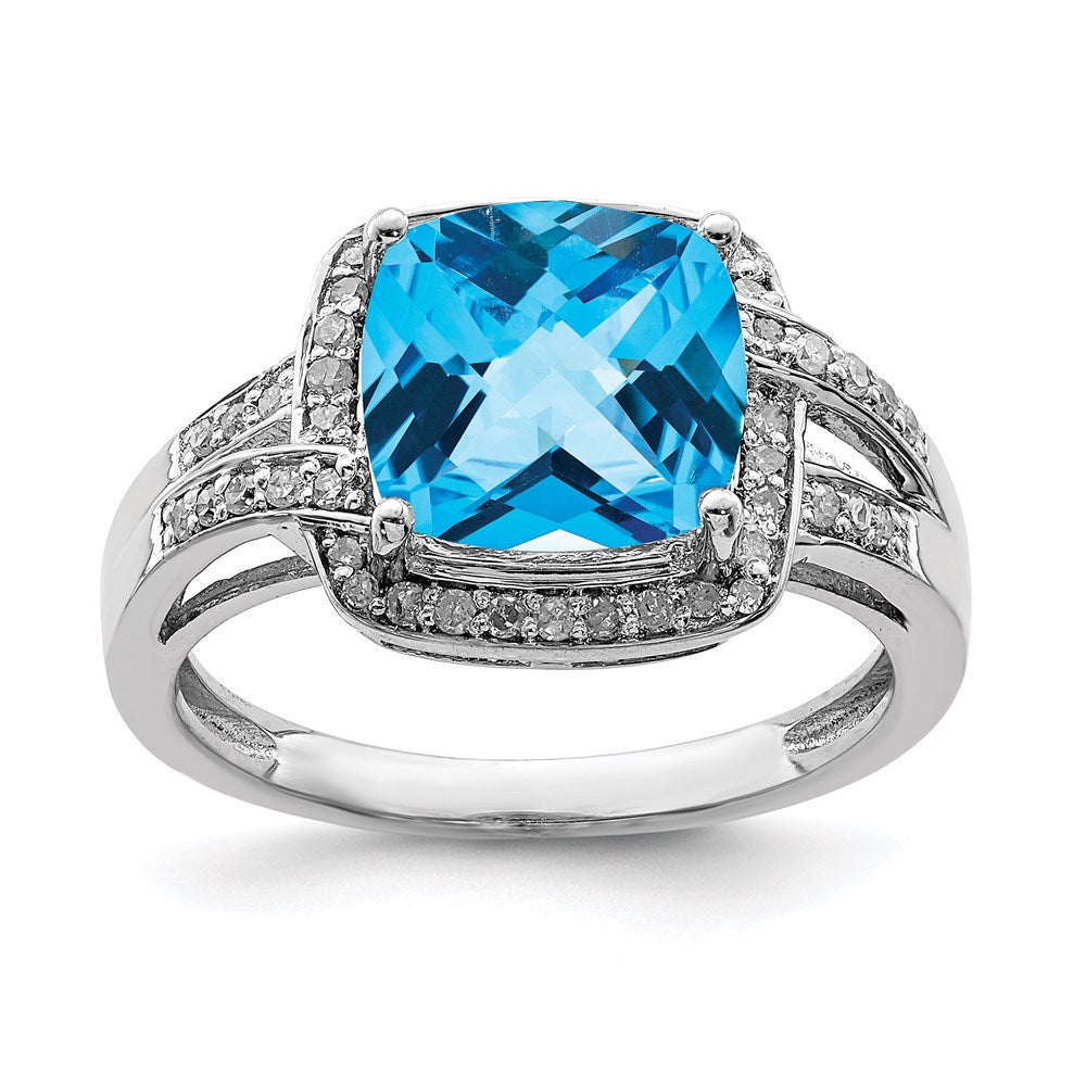 Sterling Silver Rhodium Diamond & Checker-Cut Blue Topaz Ring