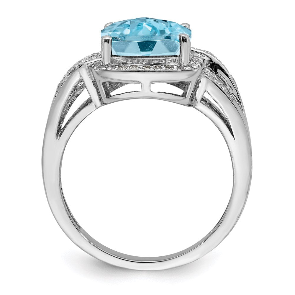 Sterling Silver Rhodium Diamond & Checker-Cut Sky Blue Topaz Ring