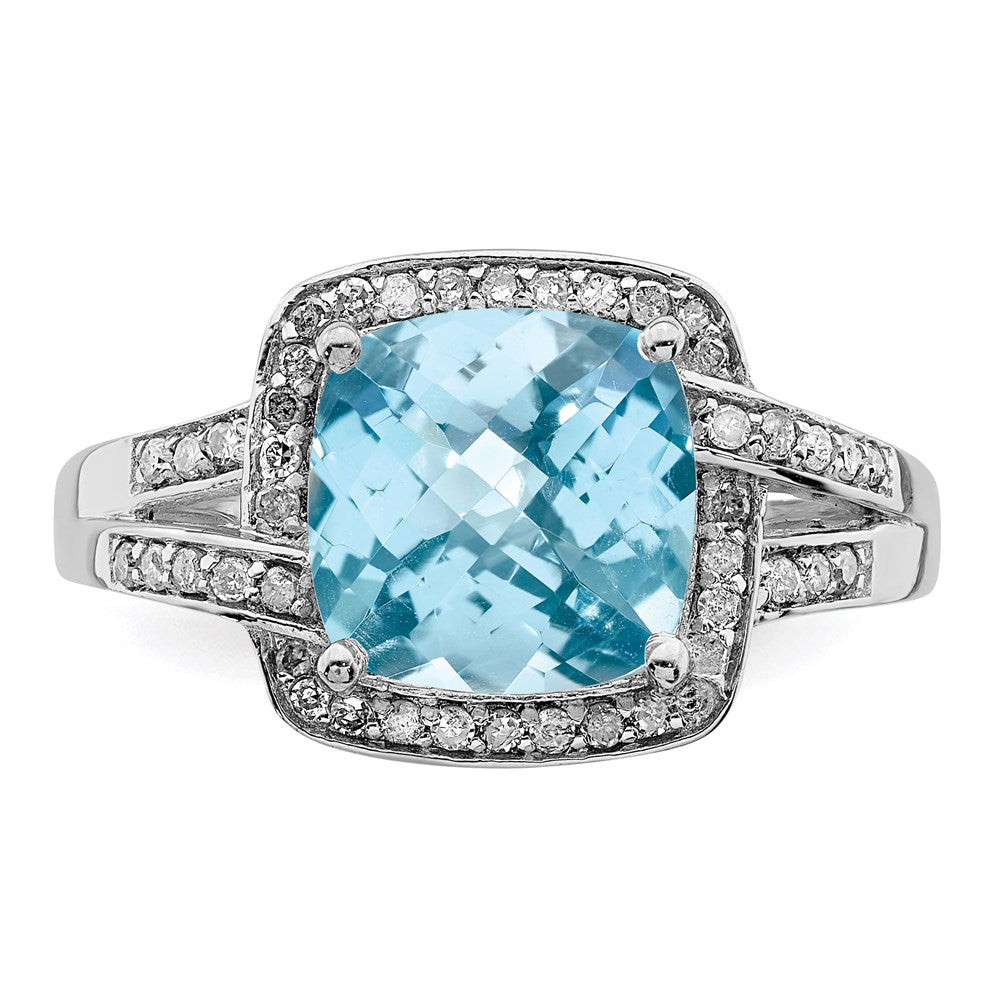 Sterling Silver Rhodium Diamond & Checker-Cut Sky Blue Topaz Ring