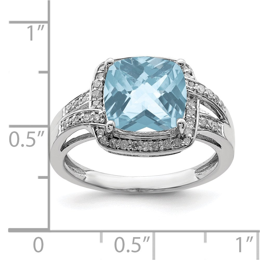 Sterling Silver Rhodium Diamond & Checker-Cut Sky Blue Topaz Ring