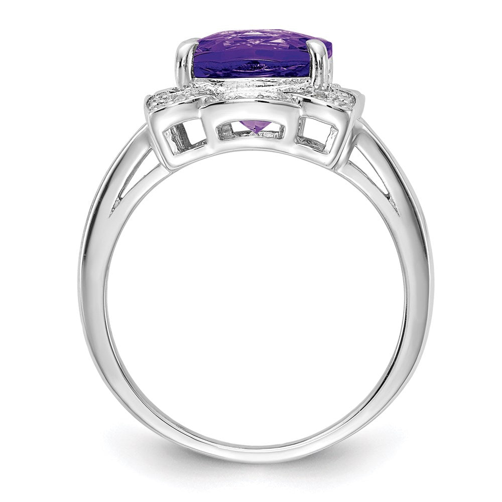 Sterling Silver Rhodium-plated Diamond & Checker-Cut Amethyst Ring