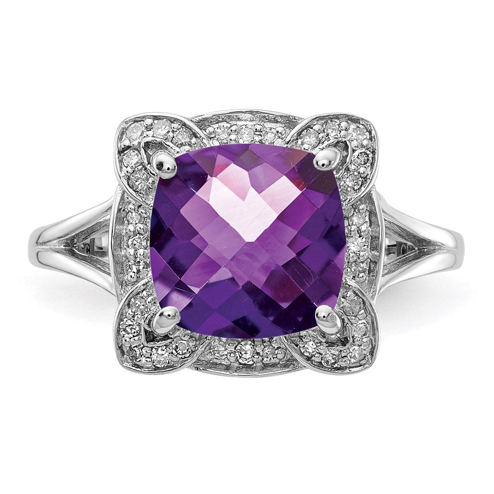 Sterling Silver Rhodium-plated Diamond & Checker-Cut Amethyst Ring