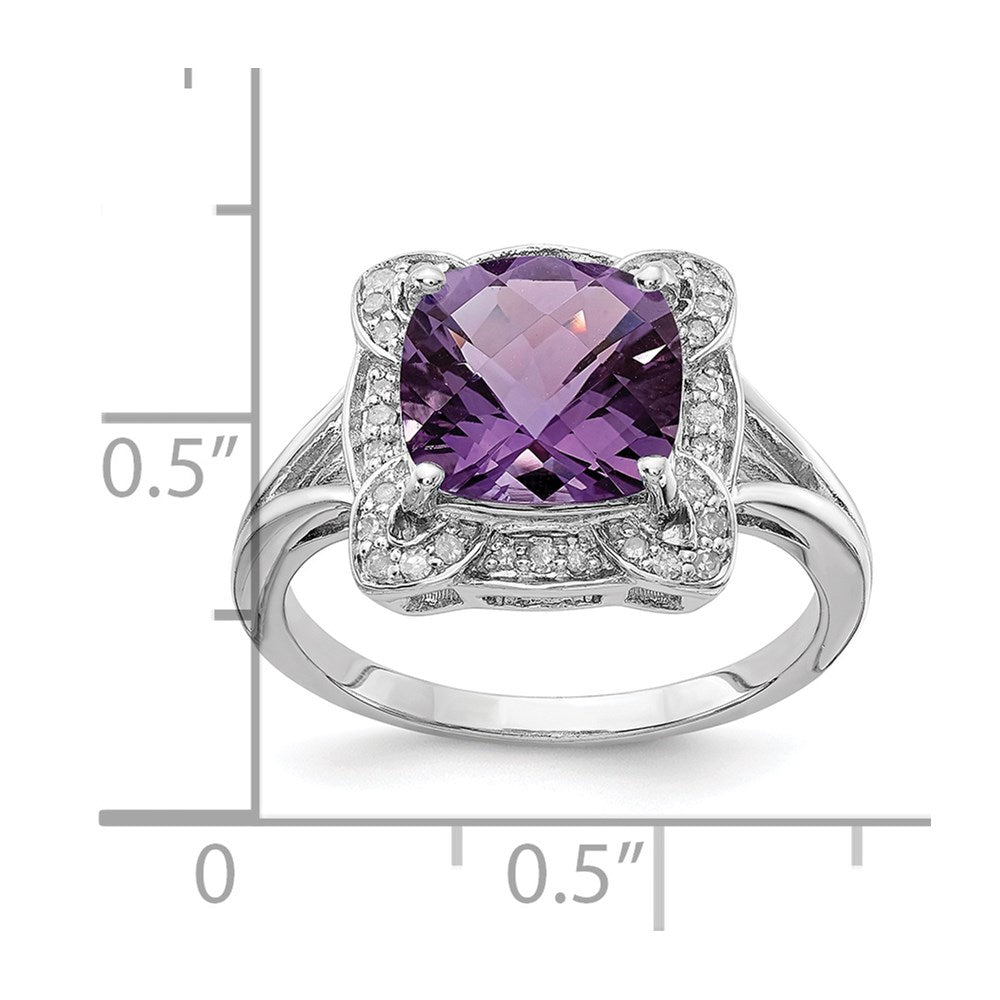 Sterling Silver Rhodium-plated Diamond & Checker-Cut Amethyst Ring