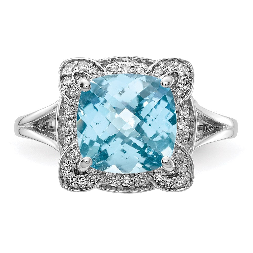 Sterling Silver Rhodium Diamond & Checker-Cut Sky Blue Topaz Ring