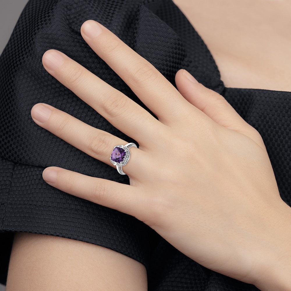 Sterling Silver Rhodium-plated Diamond & Checker-Cut Amethyst Ring