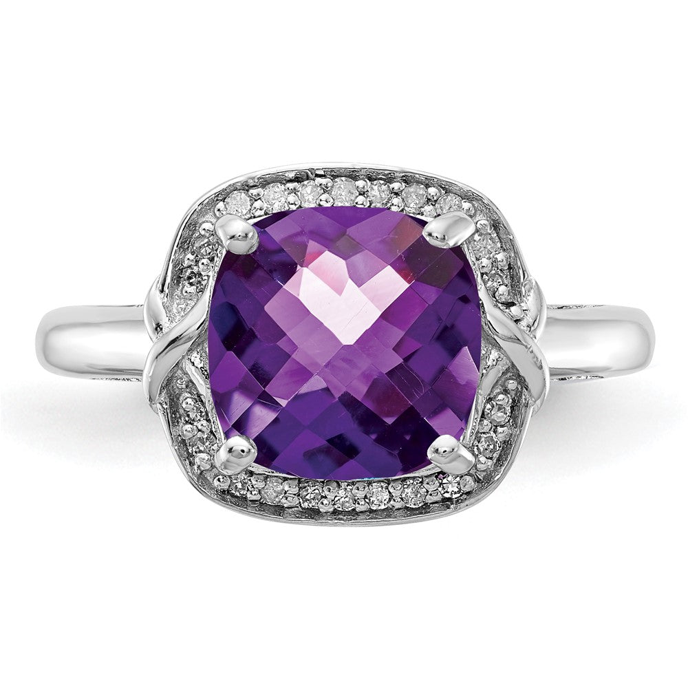 Sterling Silver Rhodium-plated Diamond & Checker-Cut Amethyst Ring