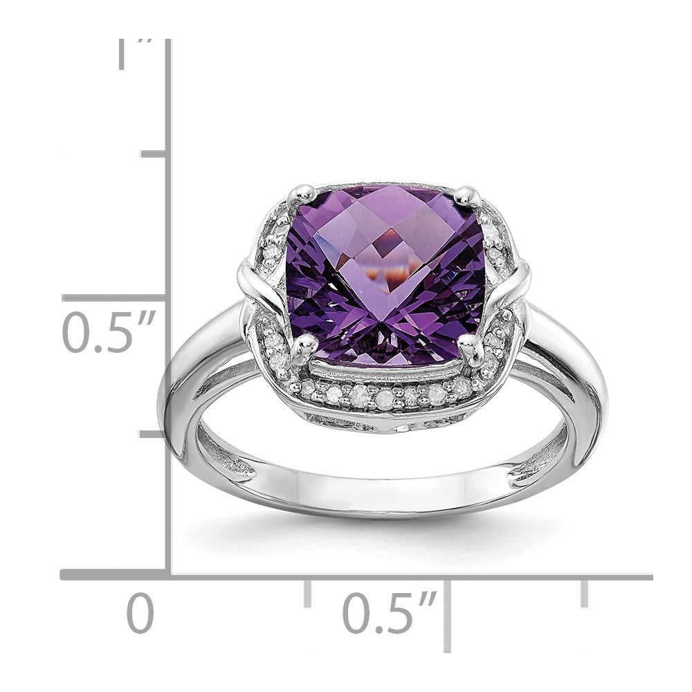 Sterling Silver Rhodium-plated Diamond & Checker-Cut Amethyst Ring