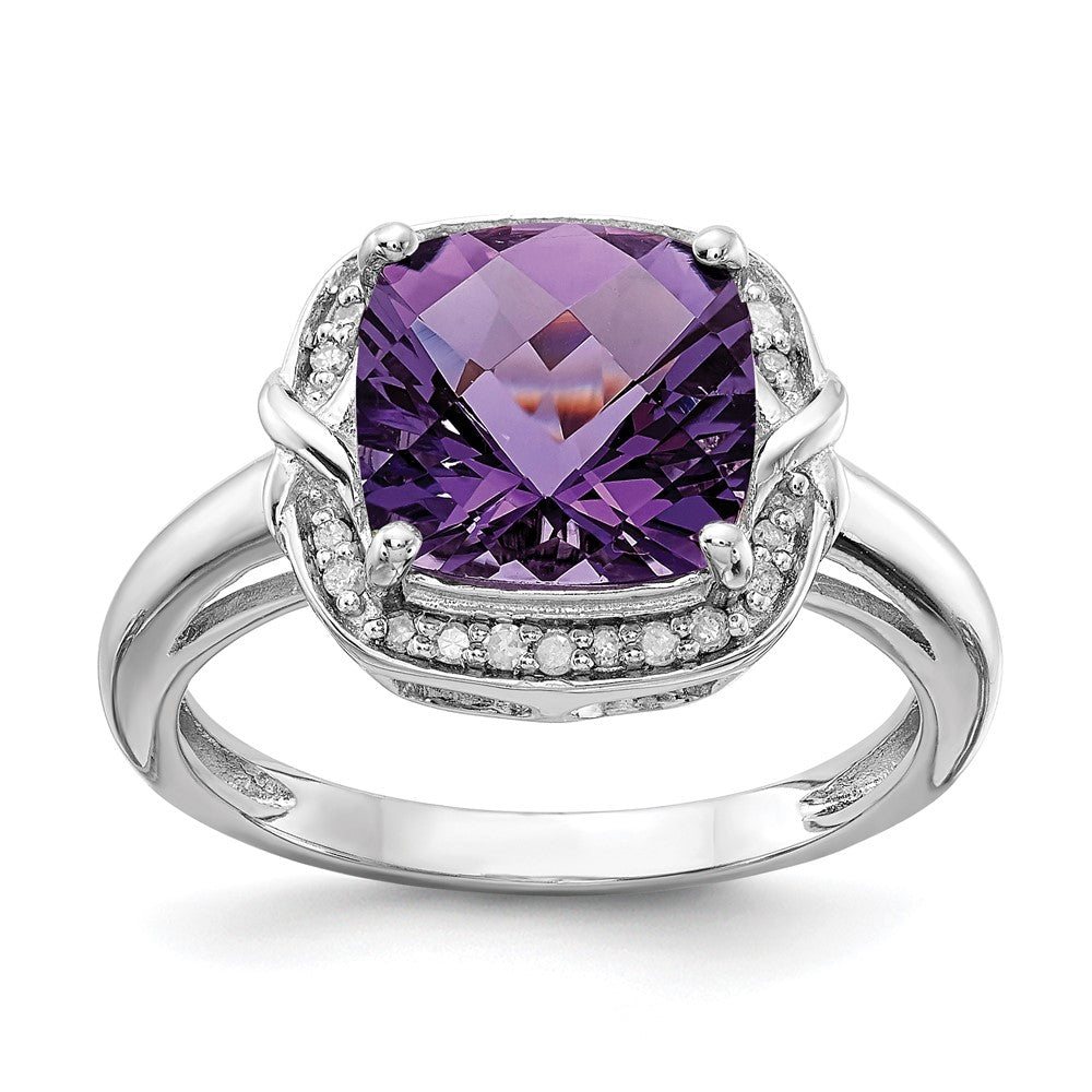 Sterling Silver Rhodium-plated Diamond & Checker-Cut Amethyst Ring