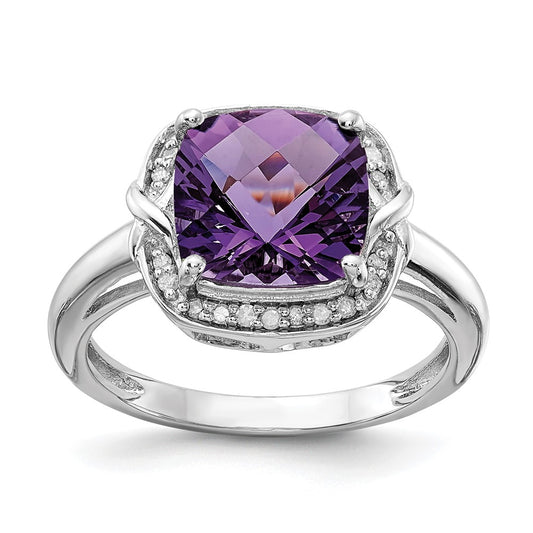 Sterling Silver Rhodium-plated Diamond & Checker-Cut Amethyst Ring