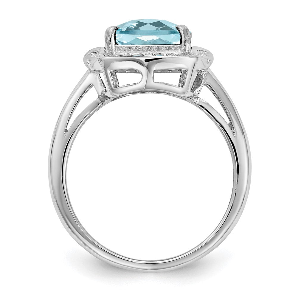 Sterling Silver Rhodium Diamond & Checker-Cut Sky Blue Topaz Ring