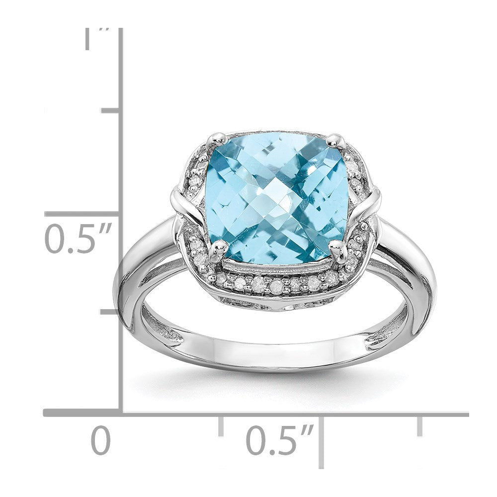 Sterling Silver Rhodium Diamond & Checker-Cut Sky Blue Topaz Ring