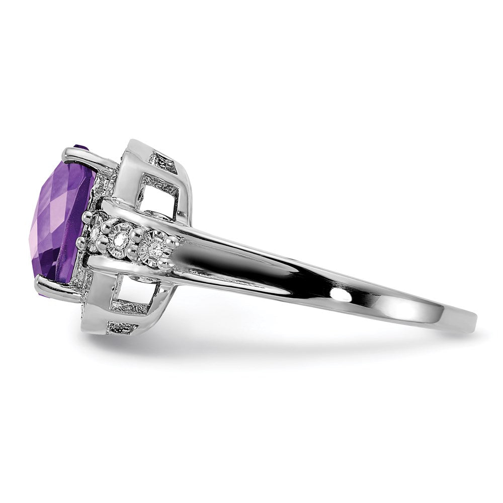 Sterling Silver Rhodium-plated Diamond & Checker-Cut Amethyst Ring