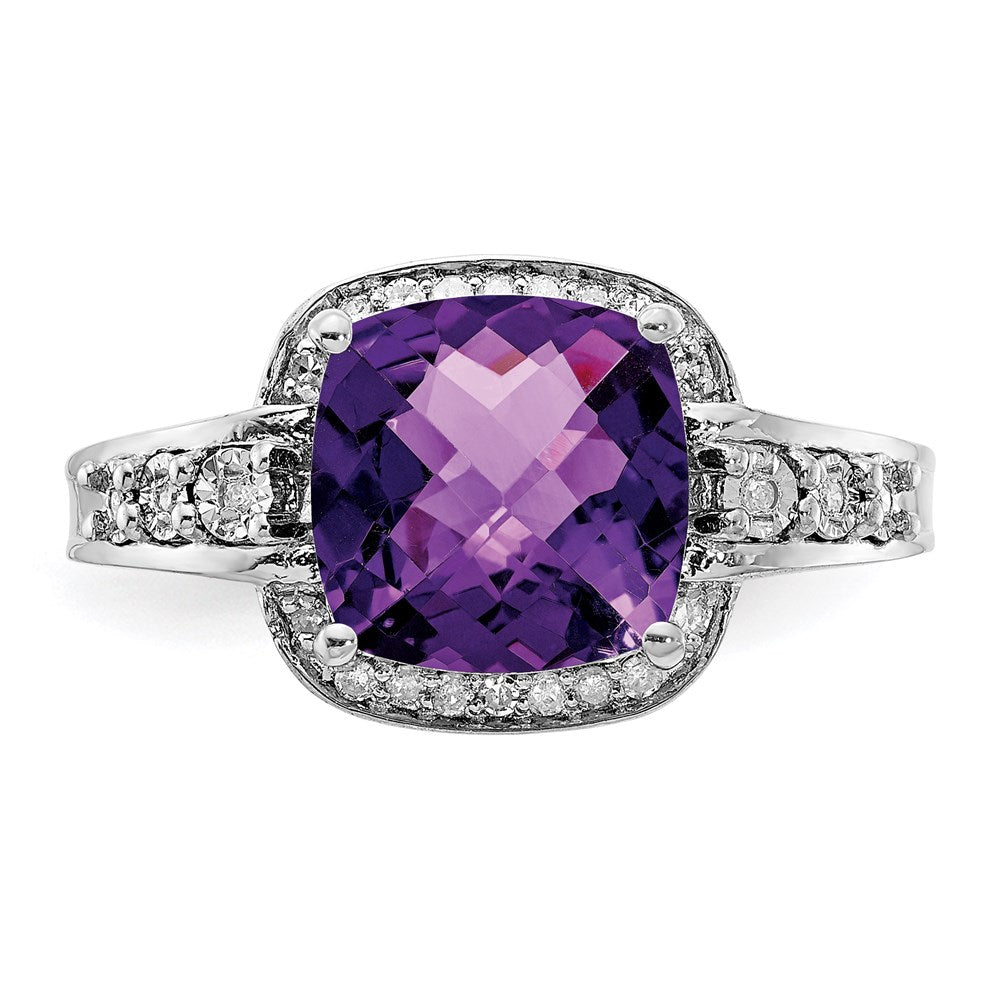 Sterling Silver Rhodium-plated Diamond & Checker-Cut Amethyst Ring