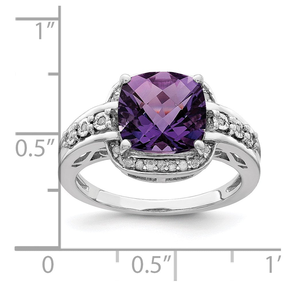 Sterling Silver Rhodium-plated Diamond & Checker-Cut Amethyst Ring