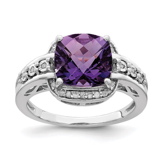 Sterling Silver Rhodium-plated Diamond & Checker-Cut Amethyst Ring