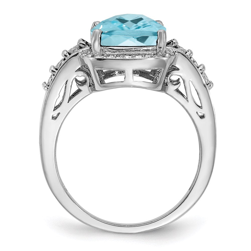 Sterling Silver Rhodium Diamond & Checker-Cut Sky Blue Topaz Ring