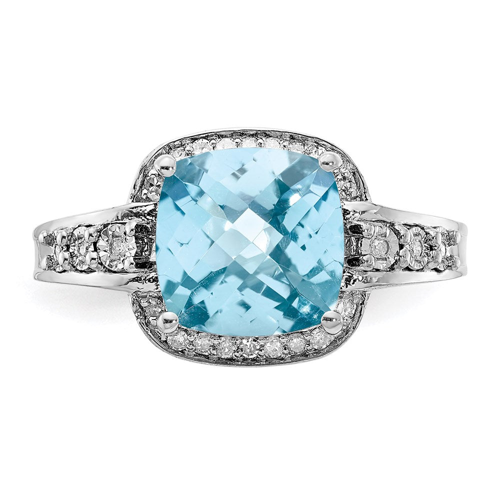 Sterling Silver Rhodium Diamond & Checker-Cut Sky Blue Topaz Ring