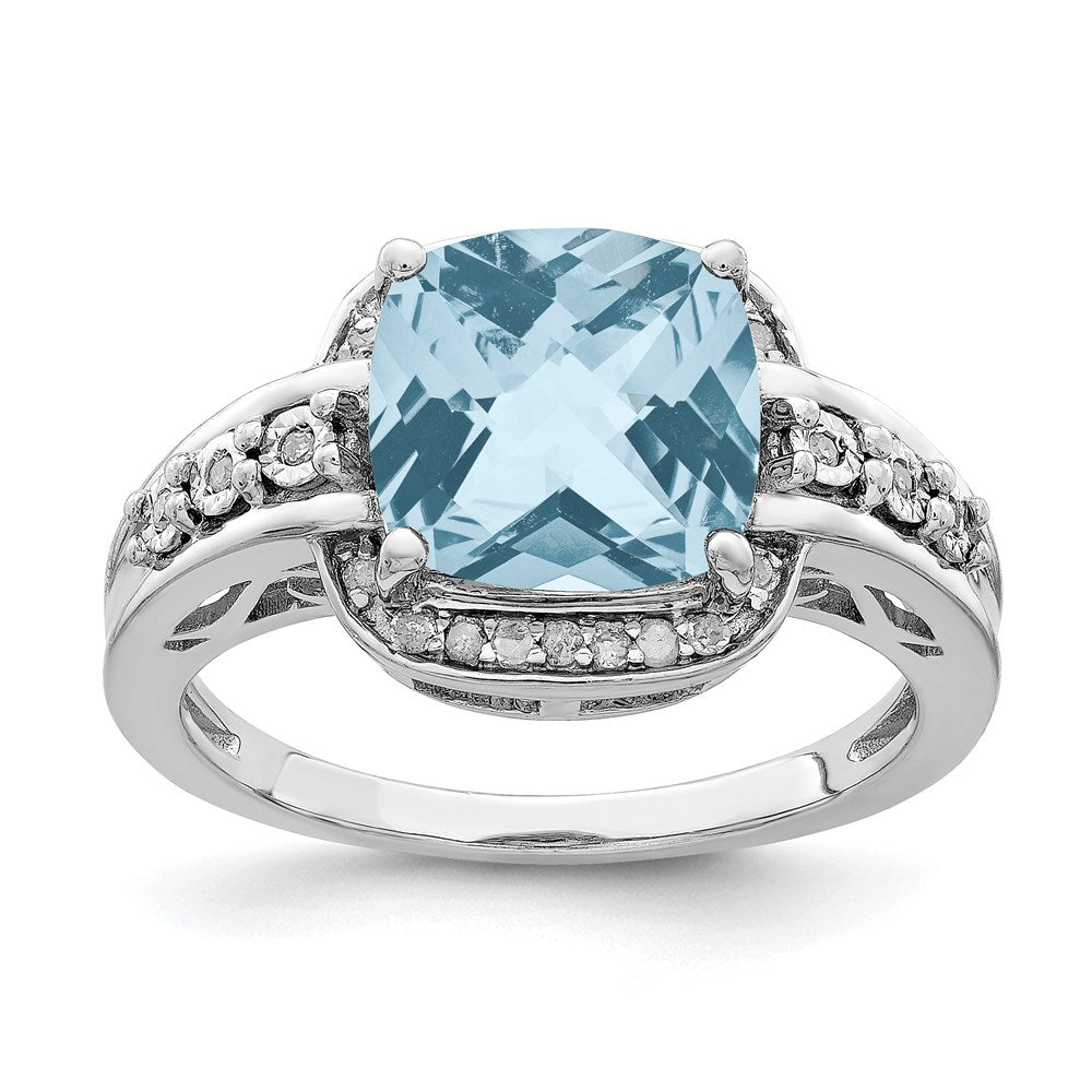 Sterling Silver Rhodium Diamond & Checker-Cut Sky Blue Topaz Ring