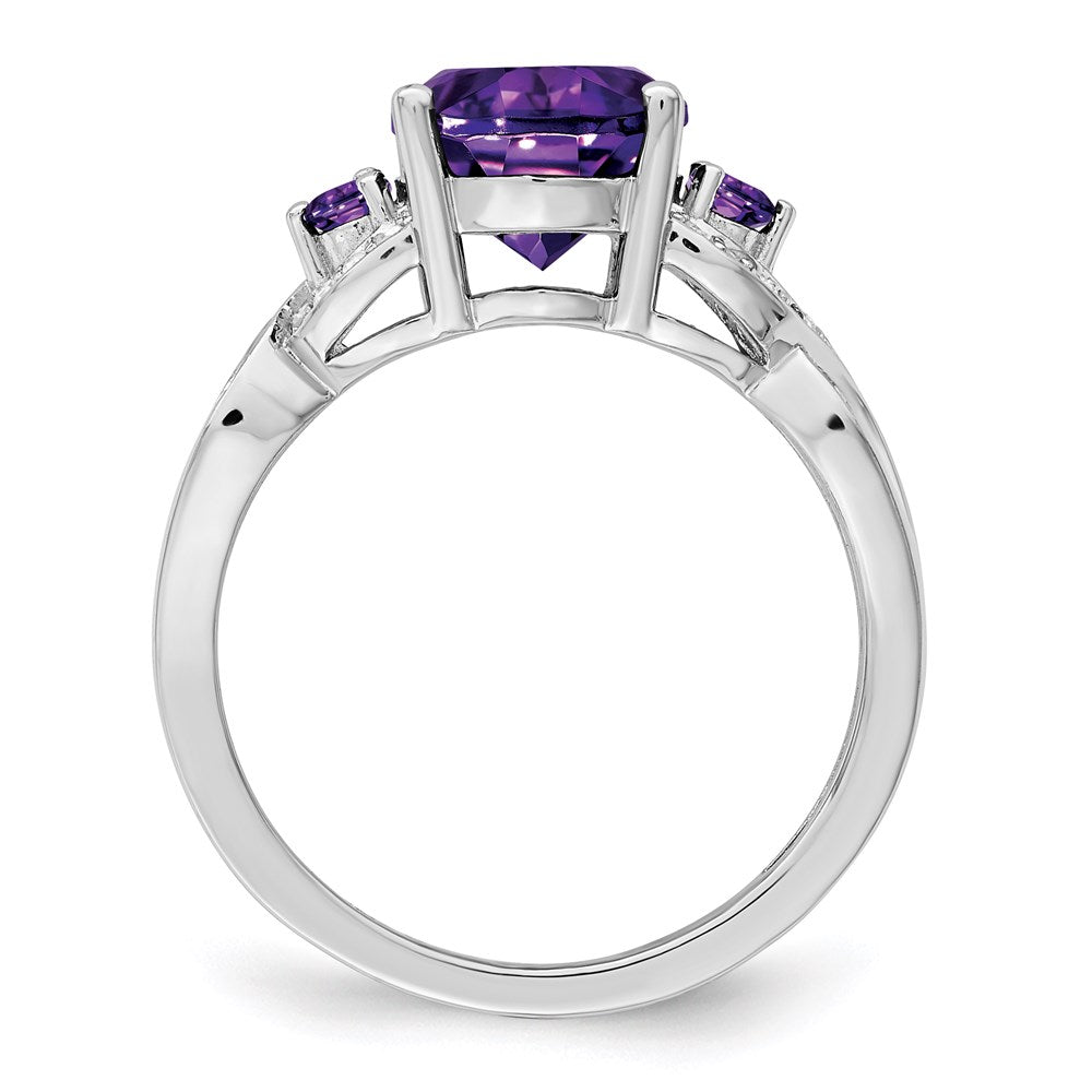 Sterling Silver Rhodium-plated Diamond & Amethyst Ring