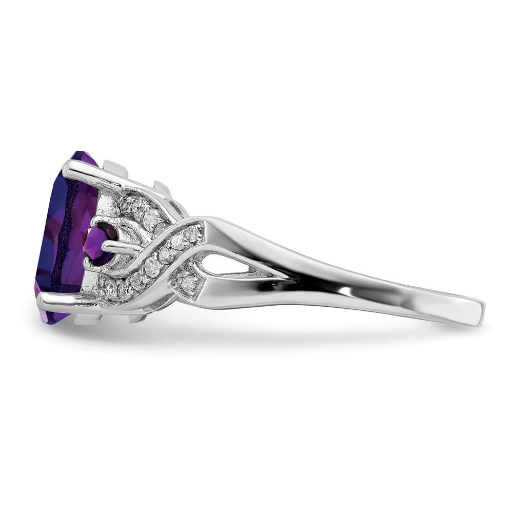 Sterling Silver Rhodium-plated Diamond & Amethyst Ring