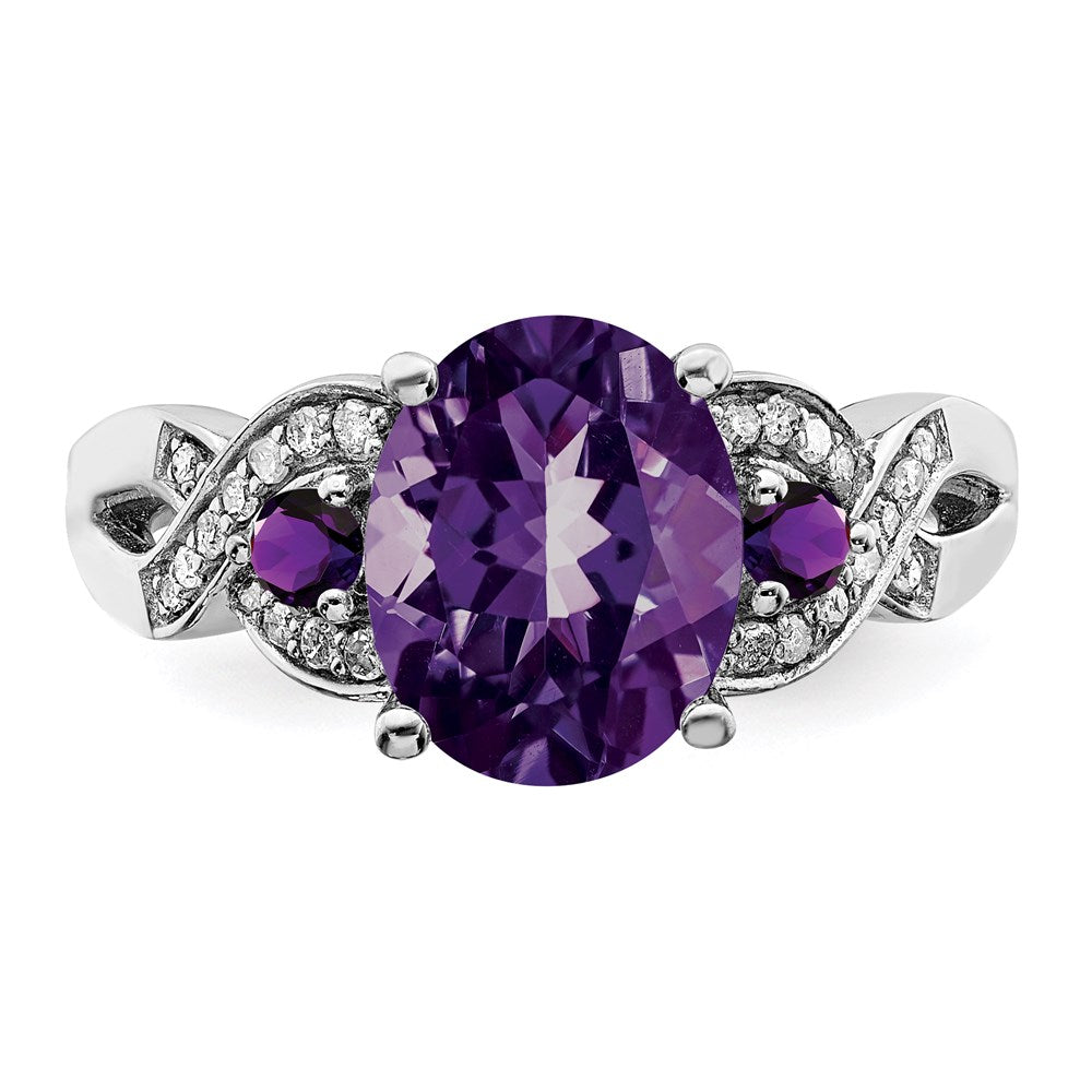 Sterling Silver Rhodium-plated Diamond & Amethyst Ring