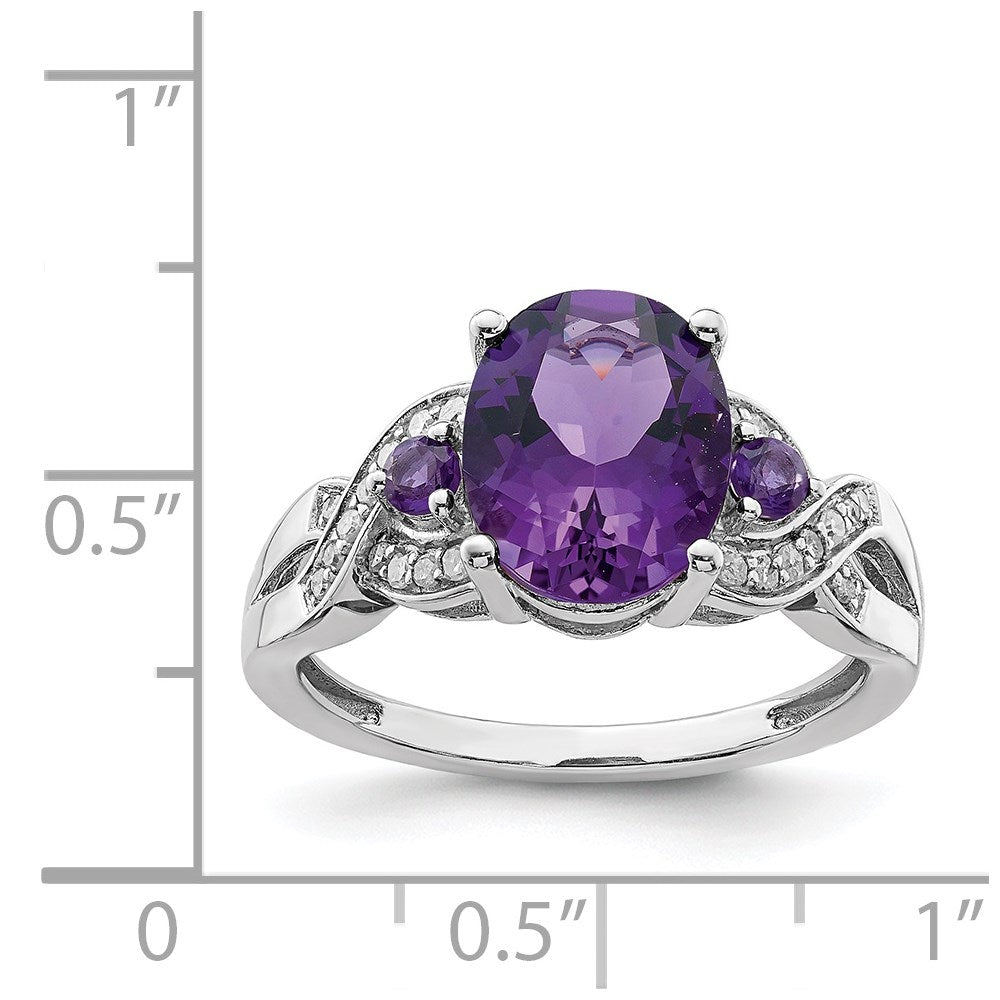 Sterling Silver Rhodium-plated Diamond & Amethyst Ring