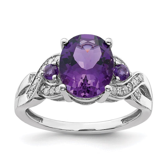 Sterling Silver Rhodium-plated Diamond & Amethyst Ring