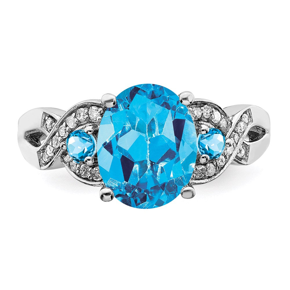 Sterling Silver Rhodium Diamond & Blue Topaz Ring