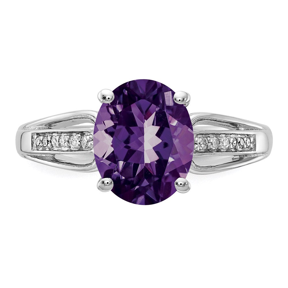 Sterling Silver Rhodium-plated Diamond & Amethyst Ring