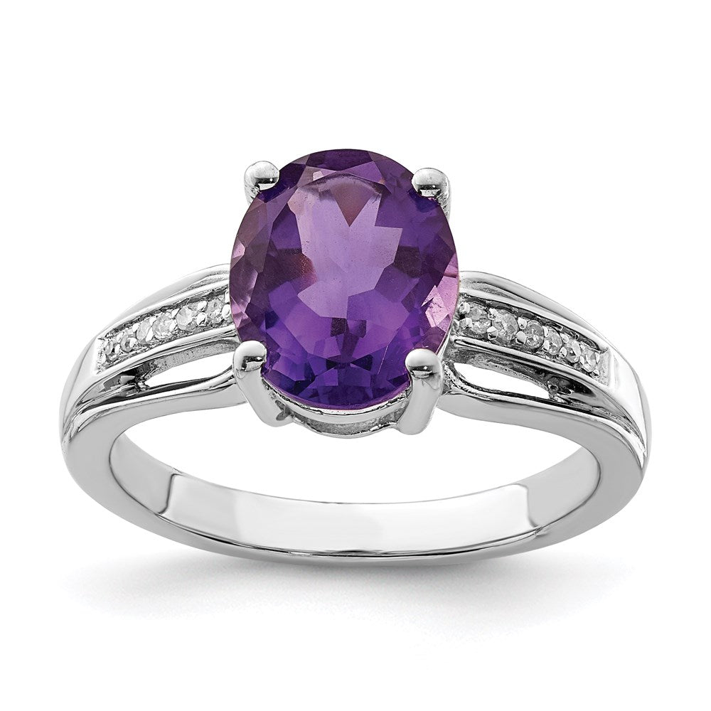 Sterling Silver Rhodium-plated Diamond & Amethyst Ring