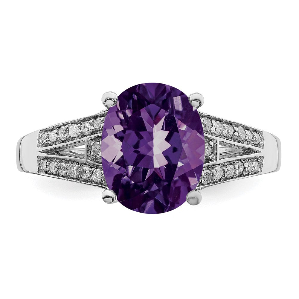 Sterling Silver Rhodium-plated Diamond & Amethyst Ring