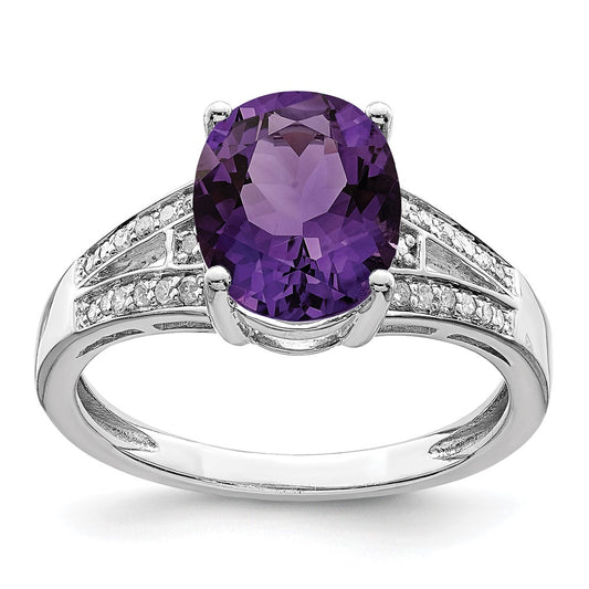 Sterling Silver Rhodium-plated Diamond & Amethyst Ring