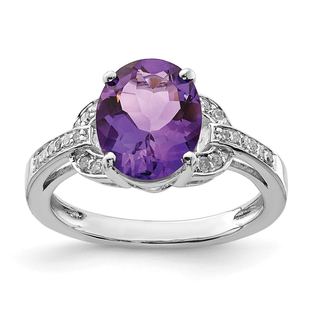 Sterling Silver Rhodium-plated Diamond & Amethyst Ring