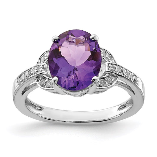 Sterling Silver Rhodium-plated Diamond & Amethyst Ring