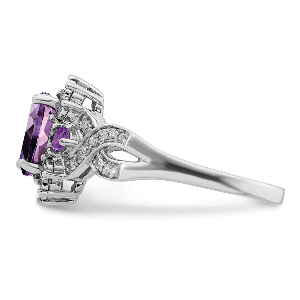 Sterling Silver Rhodium-plated Diamond & Amethyst Ring