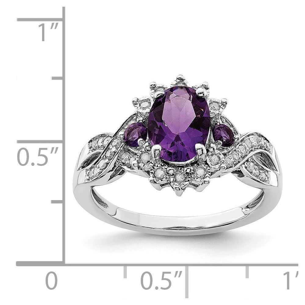 Sterling Silver Rhodium-plated Diamond & Amethyst Ring