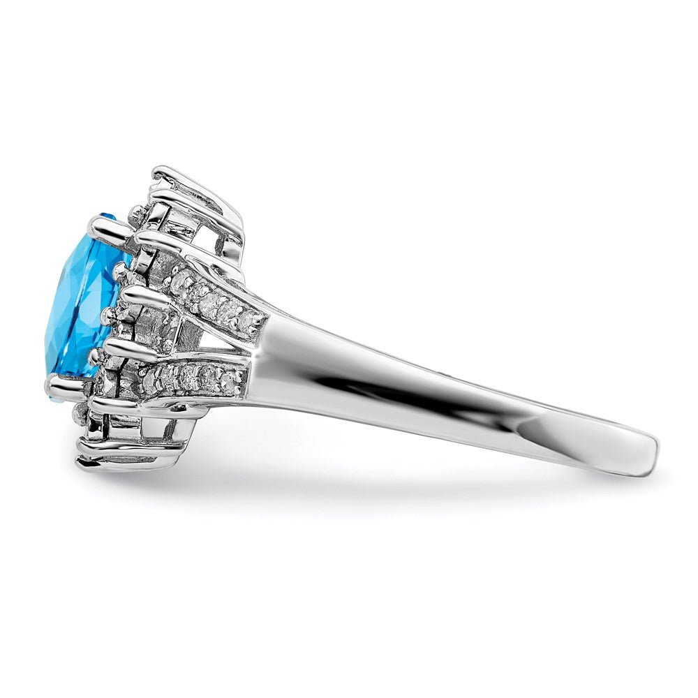 Sterling Silver Rhodium Diamond & Checker-Cut Blue Topaz Ring