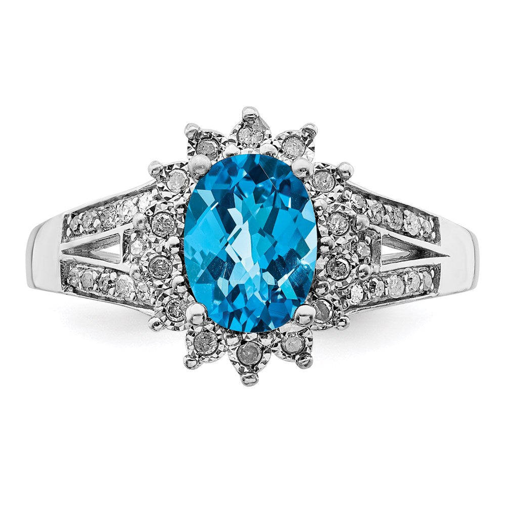 Sterling Silver Rhodium Diamond & Checker-Cut Blue Topaz Ring