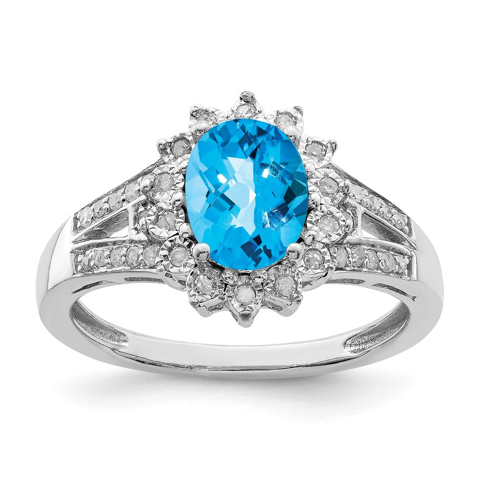 Sterling Silver Rhodium Diamond & Checker-Cut Blue Topaz Ring