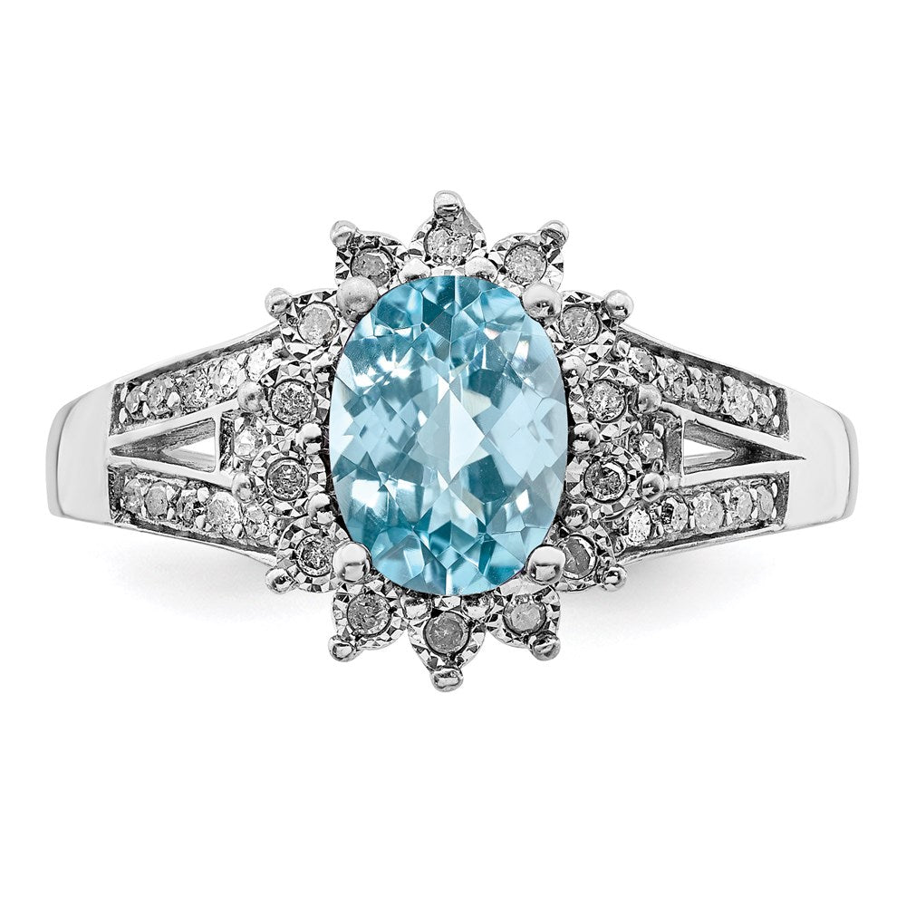 Sterling Silver Rhodium Diamond & Checker-Cut Sky Blue Topaz Ring