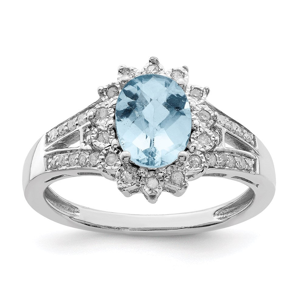 Sterling Silver Rhodium Diamond & Checker-Cut Sky Blue Topaz Ring